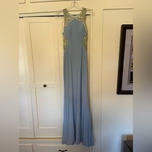 Ed Young Light Blue Formal Dress Beaded Sheer Back High Neck Lined Small